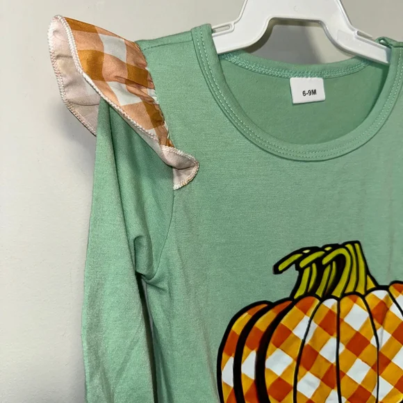 Baby Girl Green Orange Plaid Pumpkin Ruffle Bodysuit 6-9 M Fall Autumn Romper - Picture 7 of 11